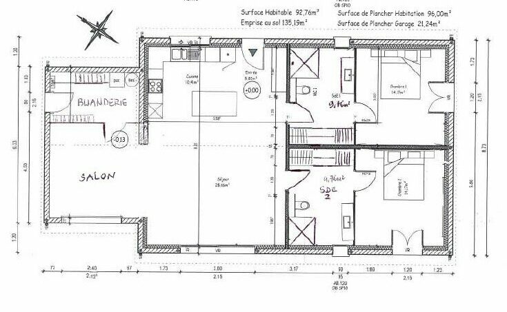 Plan du gîte avec deux salles de bain pour PMR (personnes à mobilité réduite) en fauteuil roulant