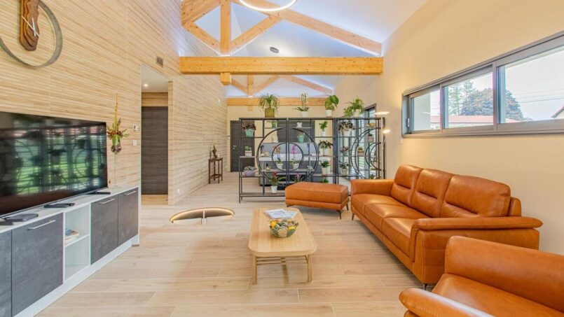 salon moderne avec canapés en cuir, salon coloré avec télévision et décorations florales