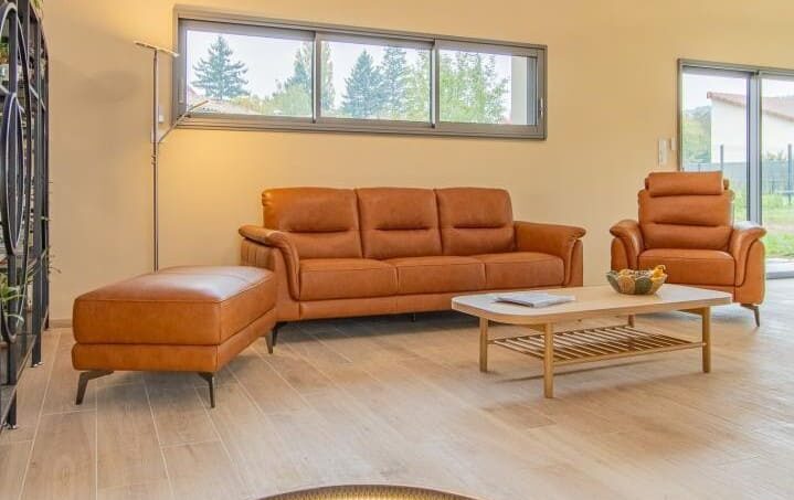 salon moderne avec canapés en cuir, salon coloré avec télévision et décorations florales