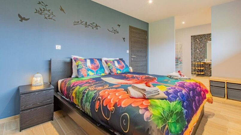 Chambre colorée avec grands espaces et aire de rotation, dressing et salle de bain PMR