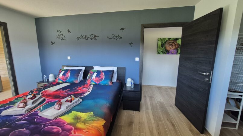 Chambre, grands espaces, lit double, porte d'entrée, double porte